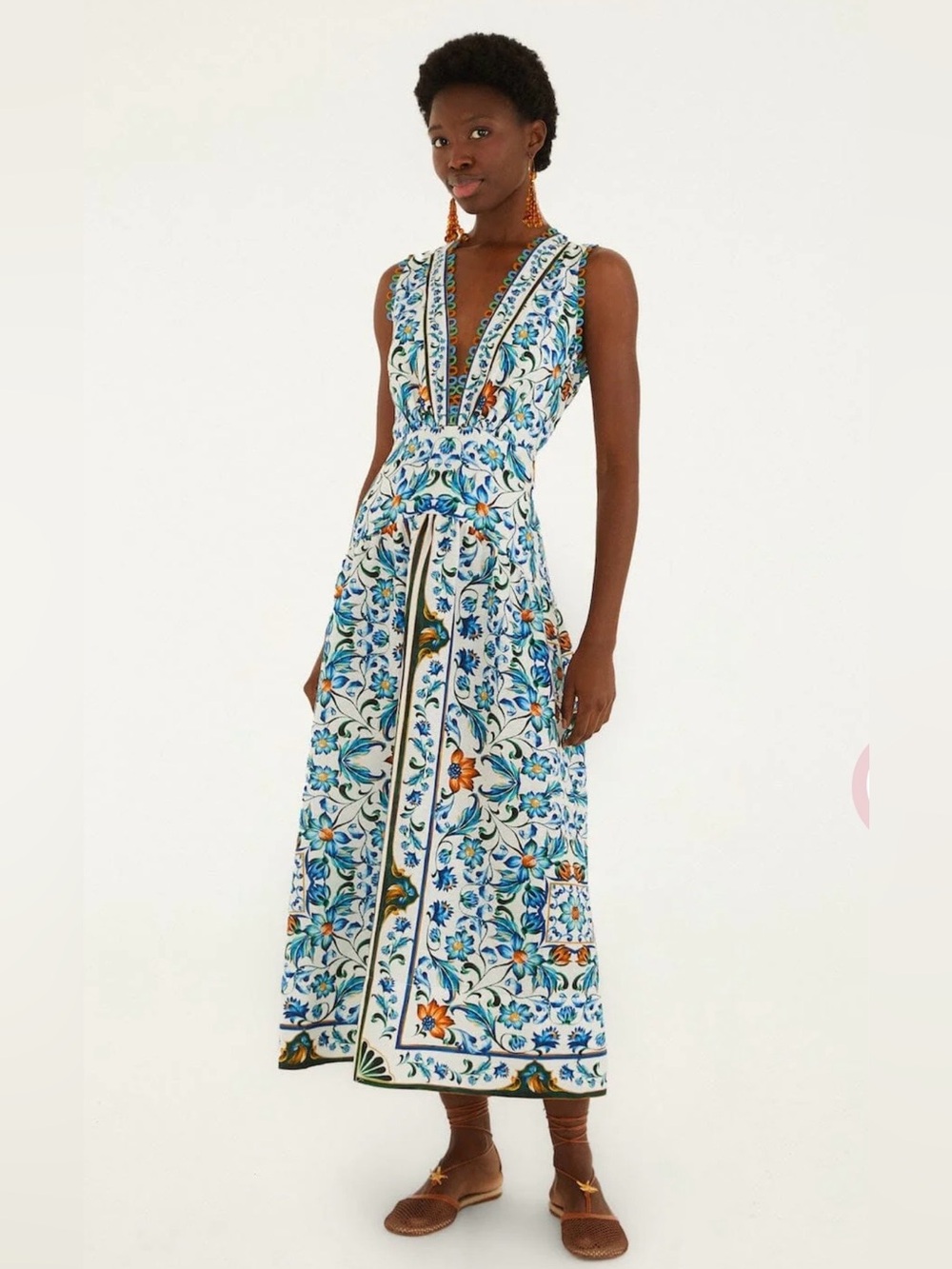 Farm Rio Flora Tile Off-White Midi Dress